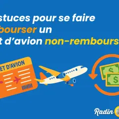 5 astuces pour se faire rembourser un billet d'avion non-remboursable, même en cas de commande annulée. Illustration d'un billet, avion et argent.