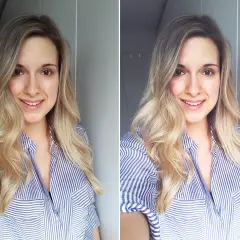 Uśmiechnięta blondynka w pasiastym zdjęciu profilowym.