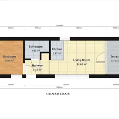 Plan mieszkania na parterze: sypialnia, łazienka, kuchnia, salon, korytarz i taras.