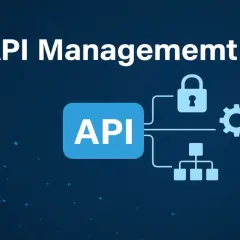 Gestion d'API : un bloc "API" connecté à un cadenas, une roue dentée et une structure hiérarchique, illustrant la sécurité et l'efficacité, comme avec l'api microsoft.
