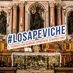 Altare barocco con statue e il testo "#LOSAPEVICHE IL TESORO DI SAN GENNARO APPARTIENE AI NAPOLETANI?". Divertente San Gennaro, pensaci tu!