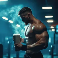 Mężczyzna o atletycznej sylwetce w siłowni, trzymający shaker z odżywką.