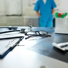 Occhiali, stetoscopio e provette su un tavolo. Il medico di base quanti pazienti ha oggi?