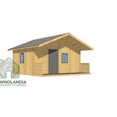 Drewniany domek letniskowy z werandą i dwoma oknami, gotowy do budowy.