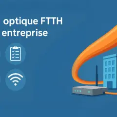 Fibre optique FTTH pour entreprise : une connexion rapide et fiable. Icônes : graphique, liste, interdiction, Wi-Fi.