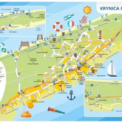 Mapa Krynicy Morskiej z zaznaczonymi atrakcjami: plaże, porty, ścieżki rowerowe, punkty widokowe i inne.