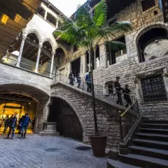 Un patio interior de piedra en el Born, con una palmera y escaleras que suben. Gente pasea por el lugar.