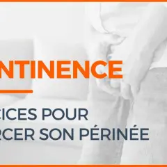Homme tenant ses mains sur son entrejambe, avec le texte "Incontinence" et "5 exercices pour renforcer son périnée masculin".