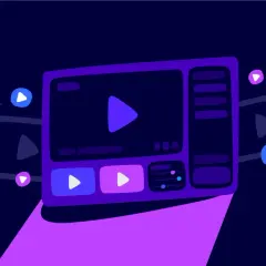 A stylized video player interface with play buttons, suggesting streaming content like on Twitch RTMP.