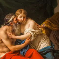 Biblia o kobietach cytaty: starzec całuje młodą kobietę, starsza kobieta patrzy z boku.