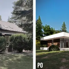 Przed i po: rozbudowa starego domu w nowoczesną willę z kamienia i drewna, otoczoną zielenią.
