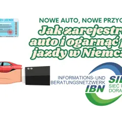 Ręka trzyma prawo jazdy, kluczyki i czerwony samochód. Tekst: "Jak zarejestrować auto i ogarnąć prawo jazdy w Niemczech?".
