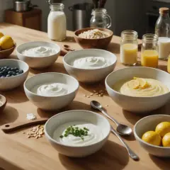 Plusieurs bols de yaourt crémeux, des citrons, des myrtilles et des amandes sont disposés sur une table en bois. Un équivalent de lait ribot, crémeux et acidulé, est prêt à être dégusté.