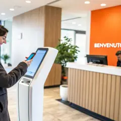 Donna usa smartphone per self check-in appartamenti in un'area accogliente con scritta "Benvenuto Digitale".