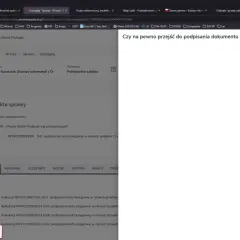 Okno dialogowe z pytaniem "Czy na pewno przejść do podpisania dokumentu za pomocą Podpisu Zaufanego?". W tle widoczny system EZD RP z aktami sprawy.