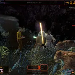 Star Wars Knights of the Old Republic spolszczenie: Jedi walczą z bestiami w mrocznym lesie. Na ekranie widać menu gry i minimapę.