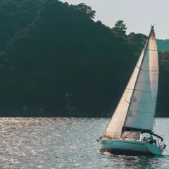 Poppa barca a vela bianca solca acque scintillanti, con una rigogliosa collina verde sullo sfondo.