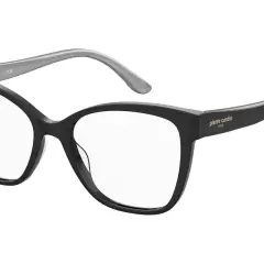 Eleganckie okulary korekcyjne Pierre Cardin w czarnej oprawie z szarymi zausznikami.