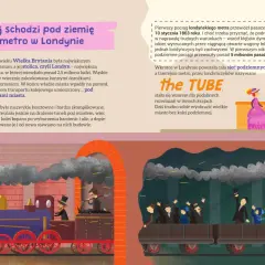 Ilustracja przedstawia parowy pociąg, symbolizujący początki napędu pojazdów szynowych w Londynie.