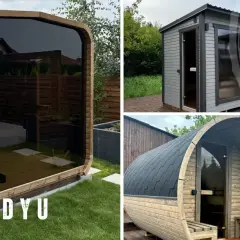 Drewniane sauny na świeżym powietrzu, w tym nowoczesna sauna na balkonie z panoramicznym oknem, idealne do relaksu.