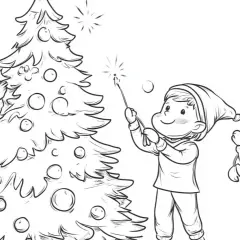 Drei Kinder schmücken einen Weihnachtsbaum mit Kugeln und Wunderkerzen.