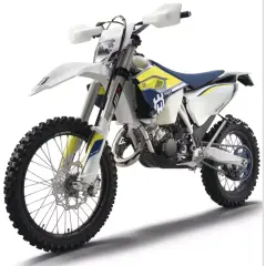 Motocykl terenowy Husqvarna 125 Enduro w kolorze białym z niebieskimi i żółtymi akcentami.