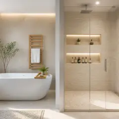 Salle de bain moderne avec baignoire îlot et douche vitrée. Une belle idée pour une salle de bain douche et baignoire combinées.