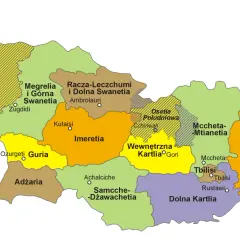 Mapa pokazuje, gdzie leży Gruzja, z podziałem na regiony: Abchazja, Megrelia, Imeretia, Adżaria, Kachetia i inne.