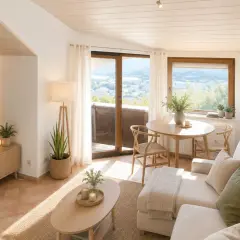 Gemütliches Wohnzimmer in Heilbronn mit TV, Esstisch und Sofa. Helle Farben und Holzmöbel schaffen eine warme Atmosphäre.
