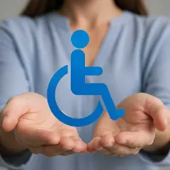 Hände halten ein blaues Rollstuhlsymbol. Nützliche Tipps für den Antrag auf Schwerbehinderung.