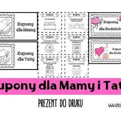 Zestaw kuponów dla mamy i taty do druku. Zawiera kupony na pomoc w obowiązkach domowych, opiekę nad zwierzakami i inne.