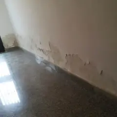 Pared con pintura descascarada y manchas de humedad por capilaridad cerca de la puerta. Es necesario reparar la pared.