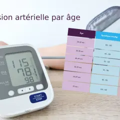 Quel tension pour un homme ? Un tensiomètre affiche 115/78. Un tableau indique les valeurs normales par âge.