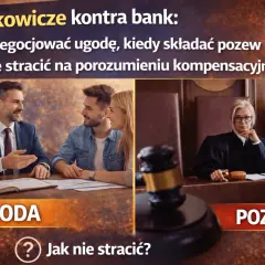 Frankowicze negocjują ugodę lub składają pozew. Obraz pokazuje parę rozmawiającą z prawnikiem po lewej i sędzię po prawej, symbolizując wybór między ugodą a procesem.