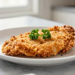 Escalope milanaise dorée et croustillante, garnie d'une touche de persil frais, prête à être dégustée.