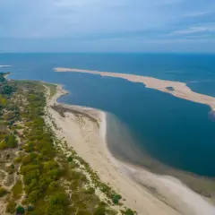 Piaszczysta mierzeja i zalesione wybrzeże nad spokojnym Bałtykiem w Polsce.
