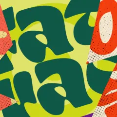 Abstract art with bold, rounded, cozy fonts in green, orange, and purple, layered over a textured background.