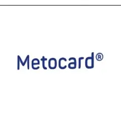 Niebieski napis Metocard® na białym tle.
