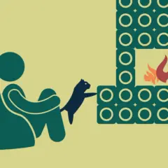 Eine Person und eine Katze sitzen vor einem Kaminofen mit Flammen. Ein Kaminofen steuerlich absetzbar kann Gemütlichkeit und Sparpotenzial bringen.