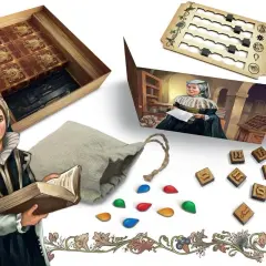 Gutenberg gra: plansza, drewniane klocki z literami, sakiewka i kolorowe kamienie.
