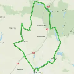 Mapa z zaznaczonymi trasami rowerowymi wokół Gniezna, prowadzącymi przez Kłecko, Modliszewko i inne malownicze miejscowości.