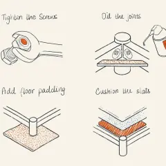 Illustrations show how to stop squeaky bed: tighten screws, oil joints, add floor padding, and cushion slats.