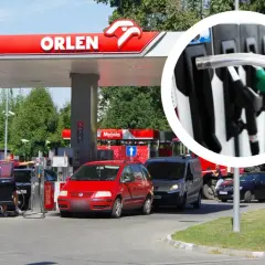 Orlen promocja na paliwo! Samochody tankują na stacji Orlen, a w kółku widać zbliżenie na dystrybutory.