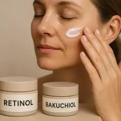 Kvinna applicerar kräm i ansiktet. Två burkar syns, en med texten "RETINOL" och en med "BAKUCHIOL".