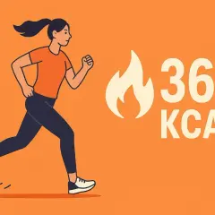 Kobieta w pomarańczowej koszulce i granatowych legginsach biegnie, spalając 360 kcal.
