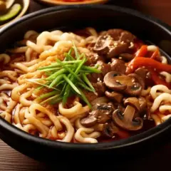 Pyszny makaron udon z wołowiną, grzybami i szczypiorkiem. Idealny przepis na szybki obiad.