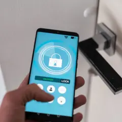 Dłoń trzyma smartfon z aplikacją do zdalnego sterowania zamkiem. Wygodny self check-in bez klucza.
