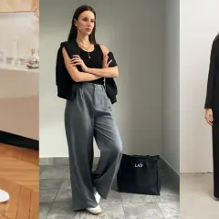 Stylizacje z czarnymi szerokimi spodniami: biała bluzka i sneakersy, czarny top i marynarka, lub elegancki garnitur.