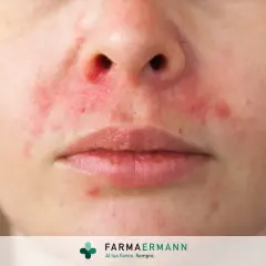 Primo piano del volto di una persona con arrossamenti e piccole pustole, indicativi di dermatite faccia.