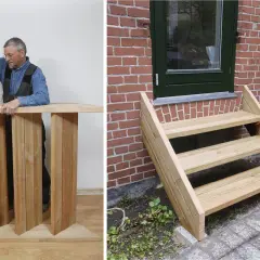 Man bygger en trappa utomhus. En färdigbyggd trappa leder upp till en dörr.